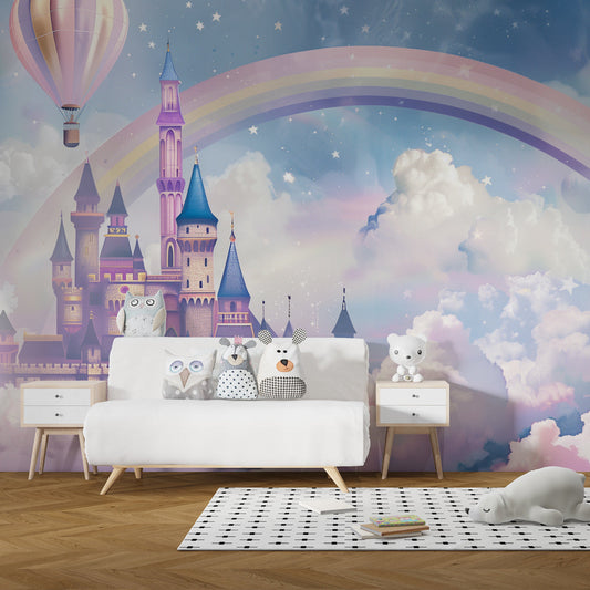 Kids-Mundo fairytale castle wall mural behind a single bed in a pastel kids bedroom.