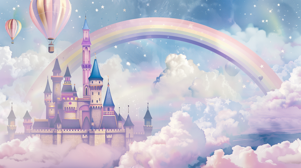 Kids-Mundo fairytale castle in the clouds artwork with rainbow and hot air balloons, flat design view.