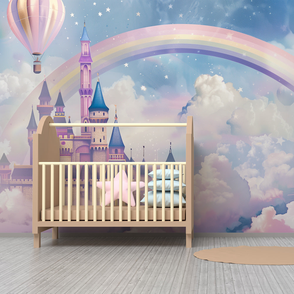 Kids-Mundo cloud castle and rainbow wall mural brightening a colourful children's playroom.