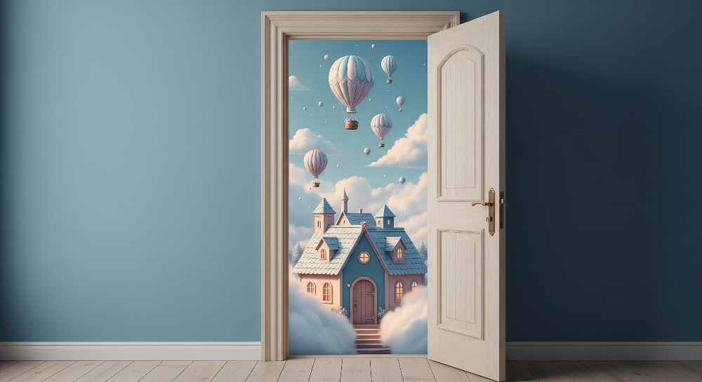 Kids-Mundo flat artwork of a fairytale cottage and hot air balloons for a wall mural design