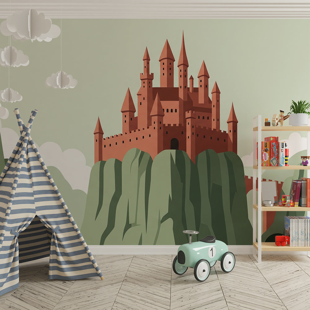 Kids-Mundo fairytale castle mural as a feature wall in a bright children's bedroom.