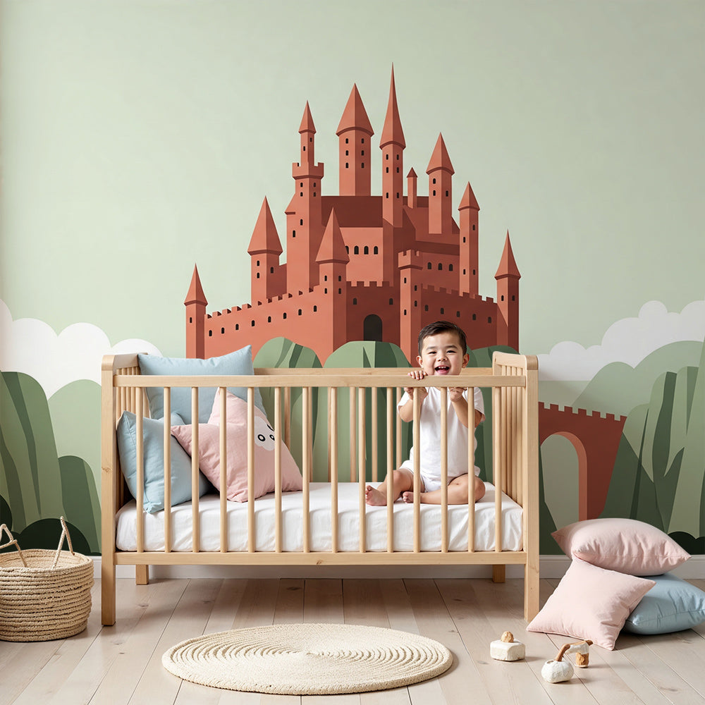 Kids-Mundo fairytale castle wall mural styled in a soft nursery with terracotta and green tones.