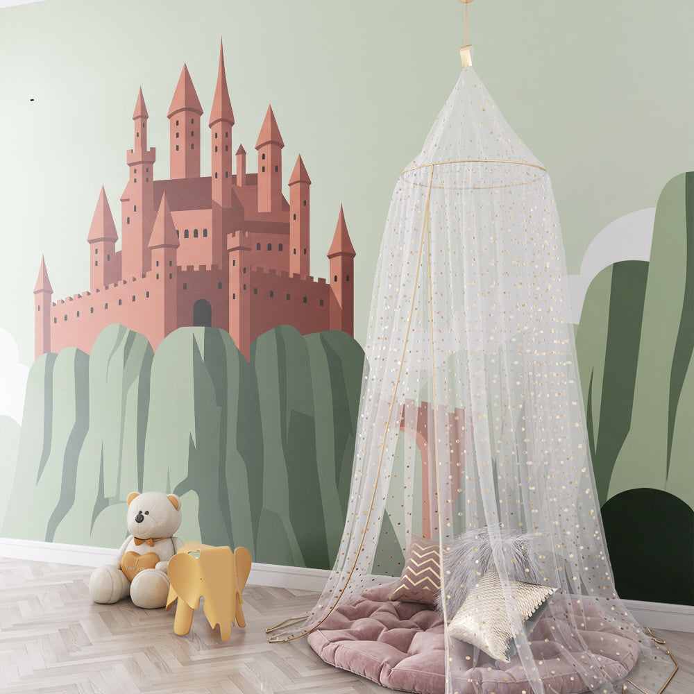 Kids-Mundo fairytale castle wall mural bringing a storybook mountain scene to a playroom.