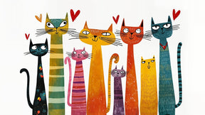 Fantasy cats mural wallpaper design pattern with colorful felines and hearts by Kids-Mundo