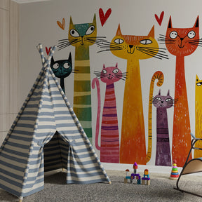 Colorful cat mural wallpaper transforming kids playroom into imaginative space