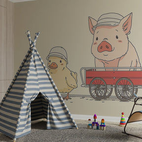 Playful pig and duck wallpaper creating cozy children's bedroom decor with beige tones