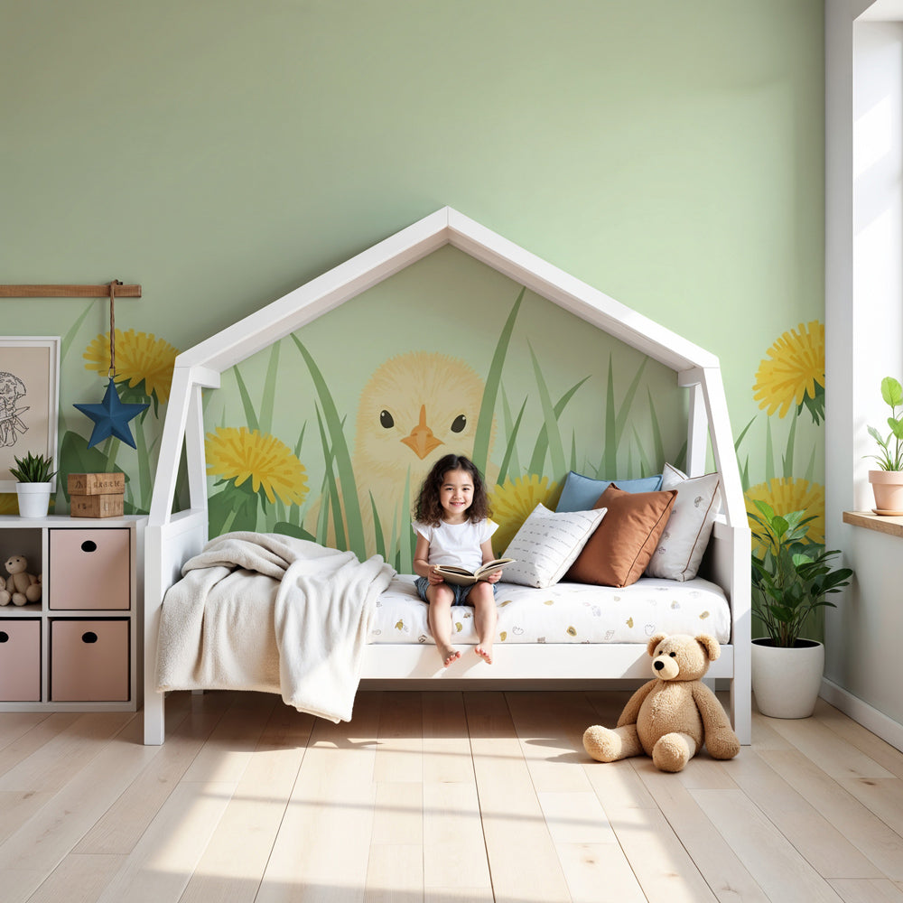 Detailed farm animals mural wallpaper design pattern with chick and dandelions by Kids-Mundo