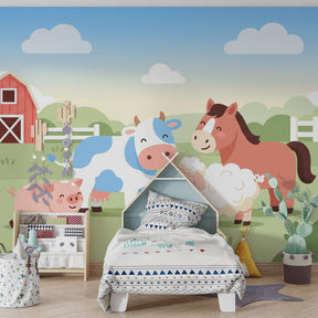 Happy barnyard mural wallpaper creating magical atmosphere in children's bedroom