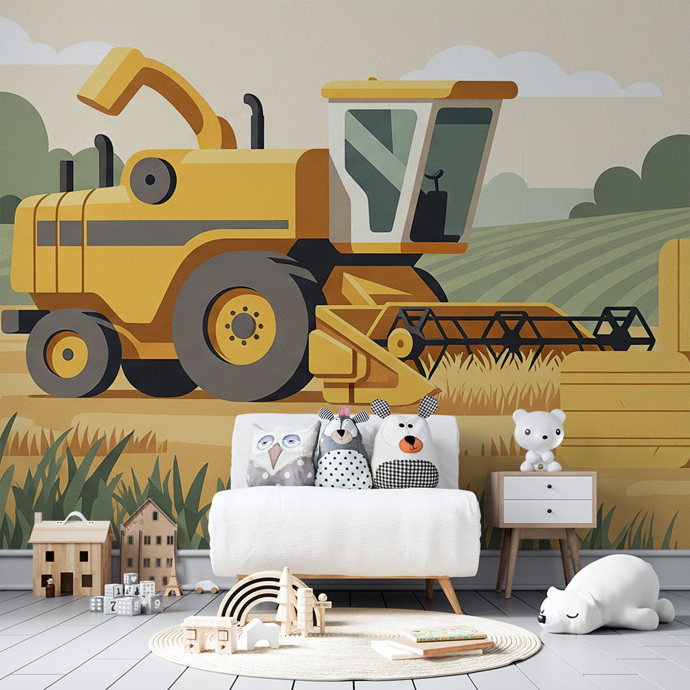 Kids-Mundo farm harvester and hay bale mural on a feature wall in a nursery