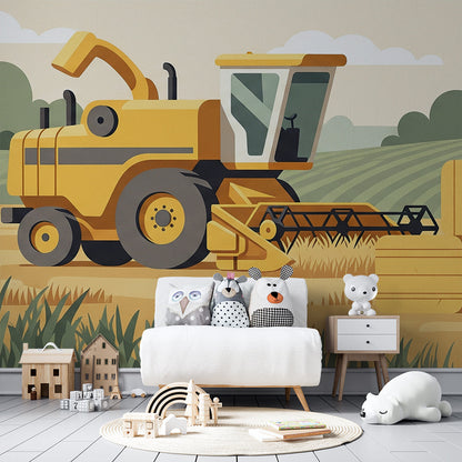 Kids-Mundo farm harvester and hay bale mural on a feature wall in a nursery