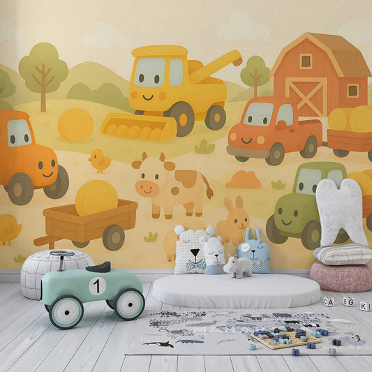 Kids-Mundo tractor and farm animals wall mural made to measure on a feature wall in a kids bedroom