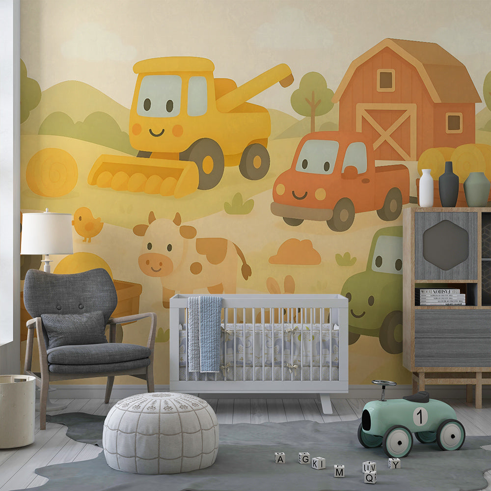 Kids-Mundo farmyard wall mural bringing tractors and animals to life on a playroom wall