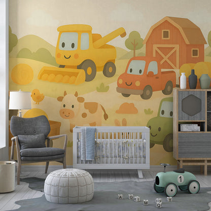 Kids-Mundo farmyard wall mural bringing tractors and animals to life on a playroom wall