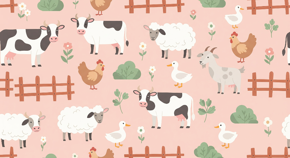 Pink Farmyard Animals Wall Mural