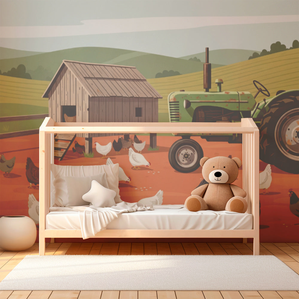 Kids-Mundo farm tractor and hens mural, printed made to measure for a child's bedroom wall.