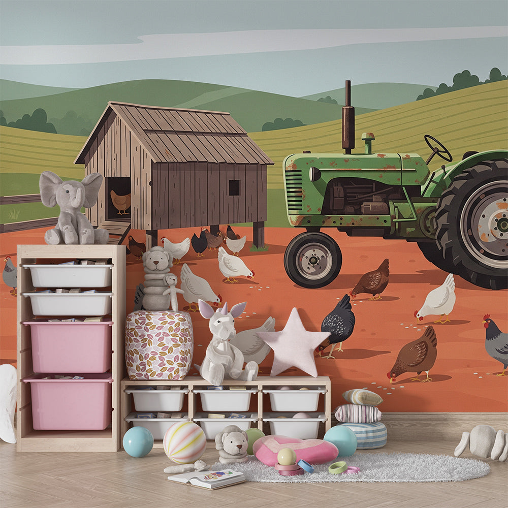Kids-Mundo farmyard mural with tractor and chickens, made to measure and pictured in a playroom.