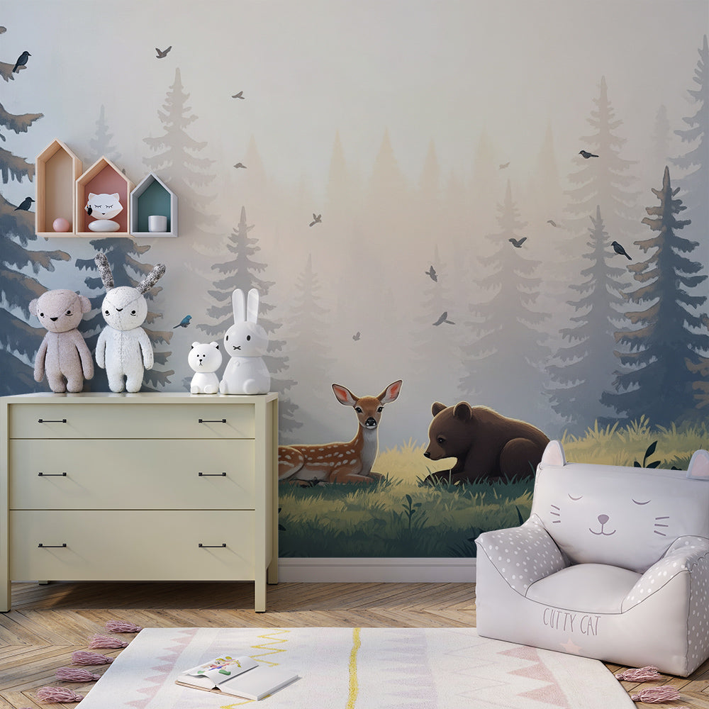 Kids-Mundo fawn and bear resting wall mural covering a kids bedroom wall in soft pine tones.