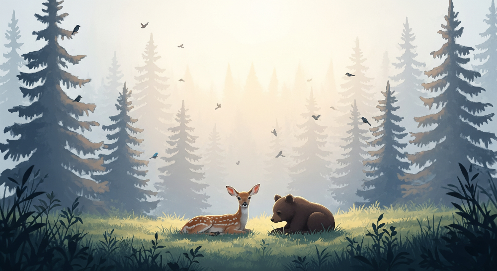 Fawn and Bear Resting in a Misty Forest Wall Mural