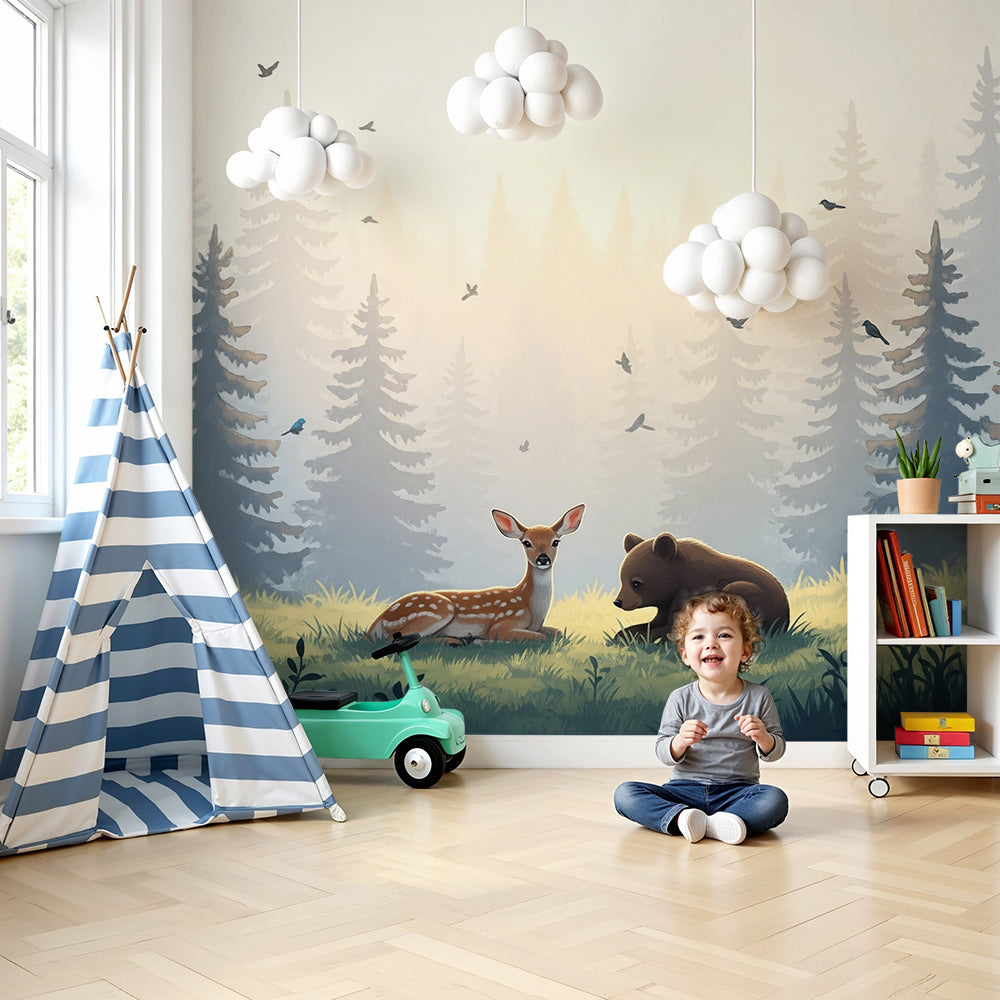 Kids-Mundo fawn and bear forest wall mural styled in a warm, misty nursery setting.