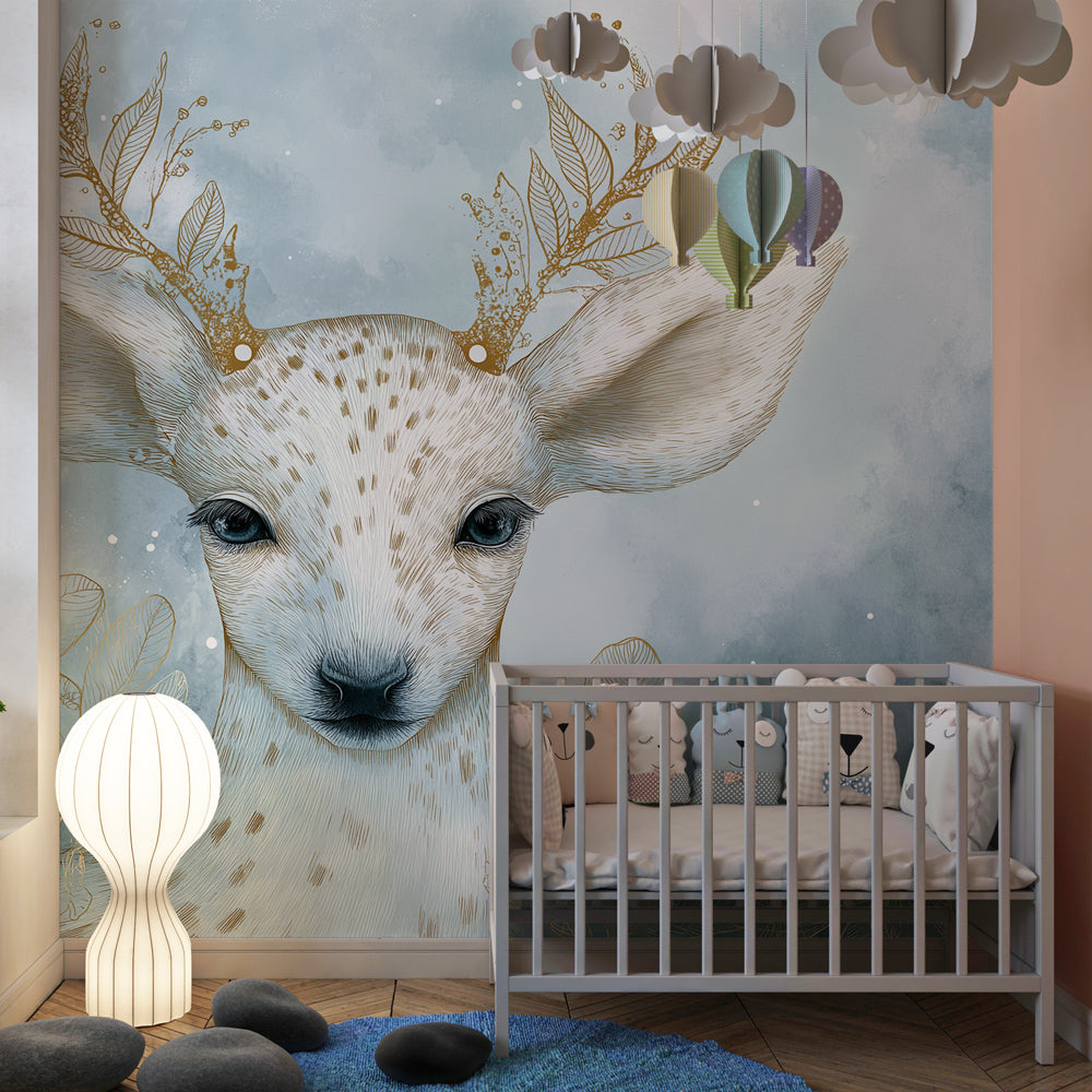 Gentle fawn wallpaper with golden accents decorating modern children's bedroom space