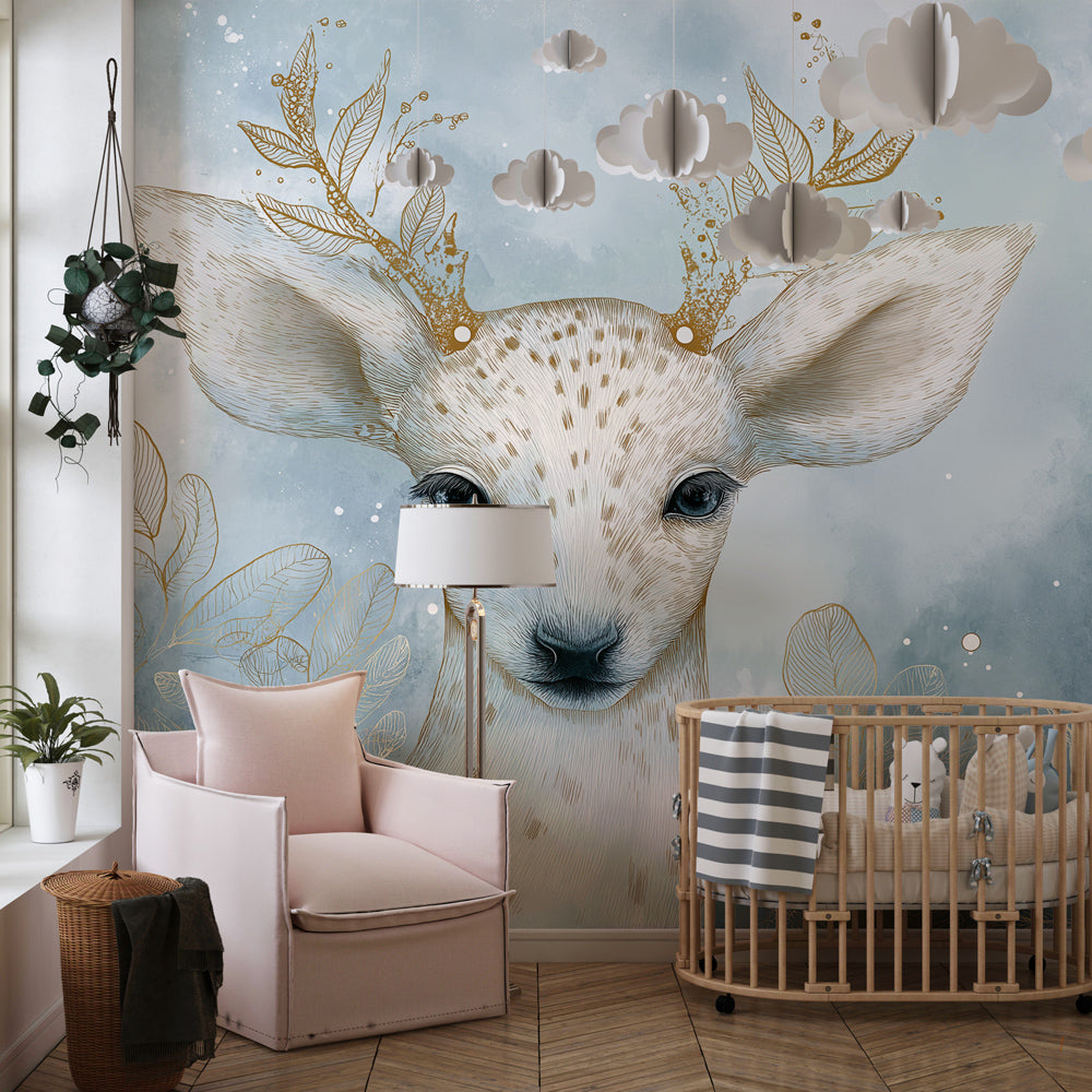 Blue forest animal wallpaper featuring adorable fawn in peaceful kids room by Kids-Mundo