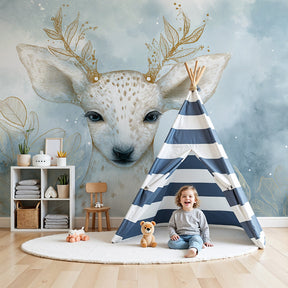 Fawn animal mural wallpaper creating serene nursery atmosphere with blue tones by Kids-Mundo