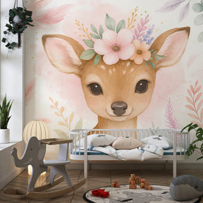 Deer with flowers mural wallpaper decorating peaceful children's bedroom with soft pastel colors