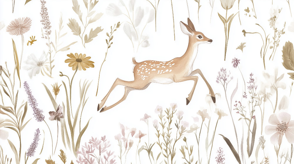 Detailed fawn and pastel flowers mural wallpaper design pattern by Kids-Mundo
