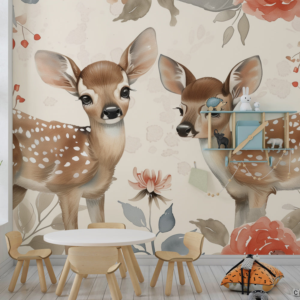Woodland fawn mural wallpaper with soft pastel flowers for calming baby nursery decor