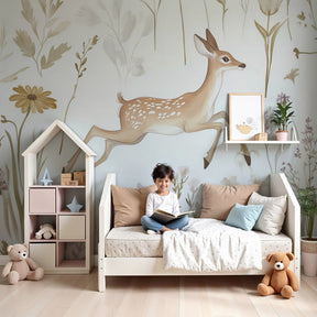 Playful fawn floral mural wallpaper in pastel baby nursery room setting by Kids-Mundo