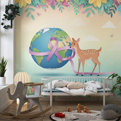 Kids-Mundo fawn and globe wall mural fitted along a kids bedroom feature wall