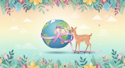Kids-Mundo flat artwork of a fawn beside a ribbon-wrapped globe with a floral border