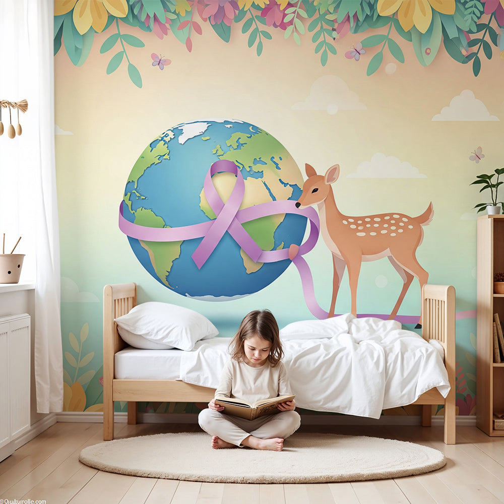 Kids-Mundo fawn and floral world map wall mural made to measure above a nursery cot