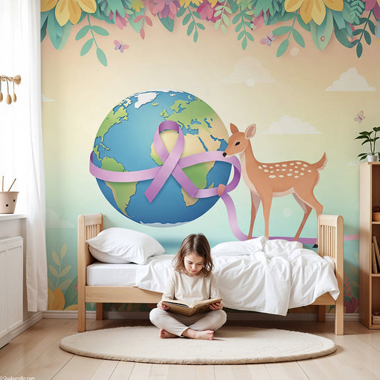 Kids-Mundo fawn and floral world map wall mural made to measure above a nursery cot