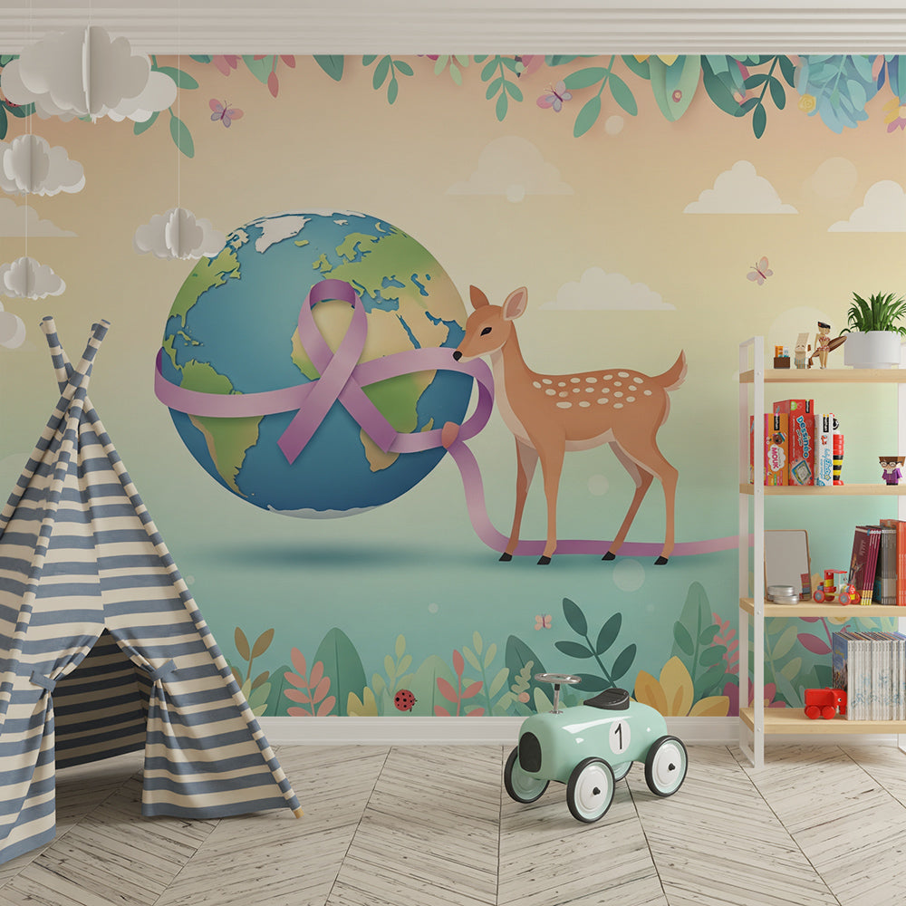 Kids-Mundo floral world map mural with fawn brightening a children's playroom corner