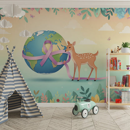 Kids-Mundo floral world map mural with fawn brightening a children's playroom corner