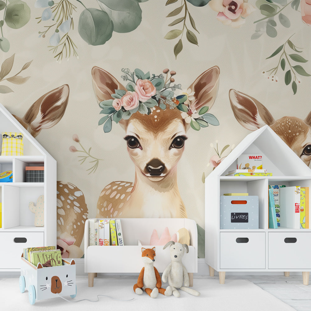 Woodland fawn mural wallpaper creating serene atmosphere in baby nursery decor