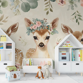 Woodland fawn mural wallpaper creating serene atmosphere in baby nursery decor