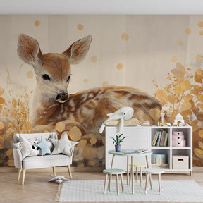 Woodland fawn wallpaper creating cozy children's bedroom with natural wood furniture
