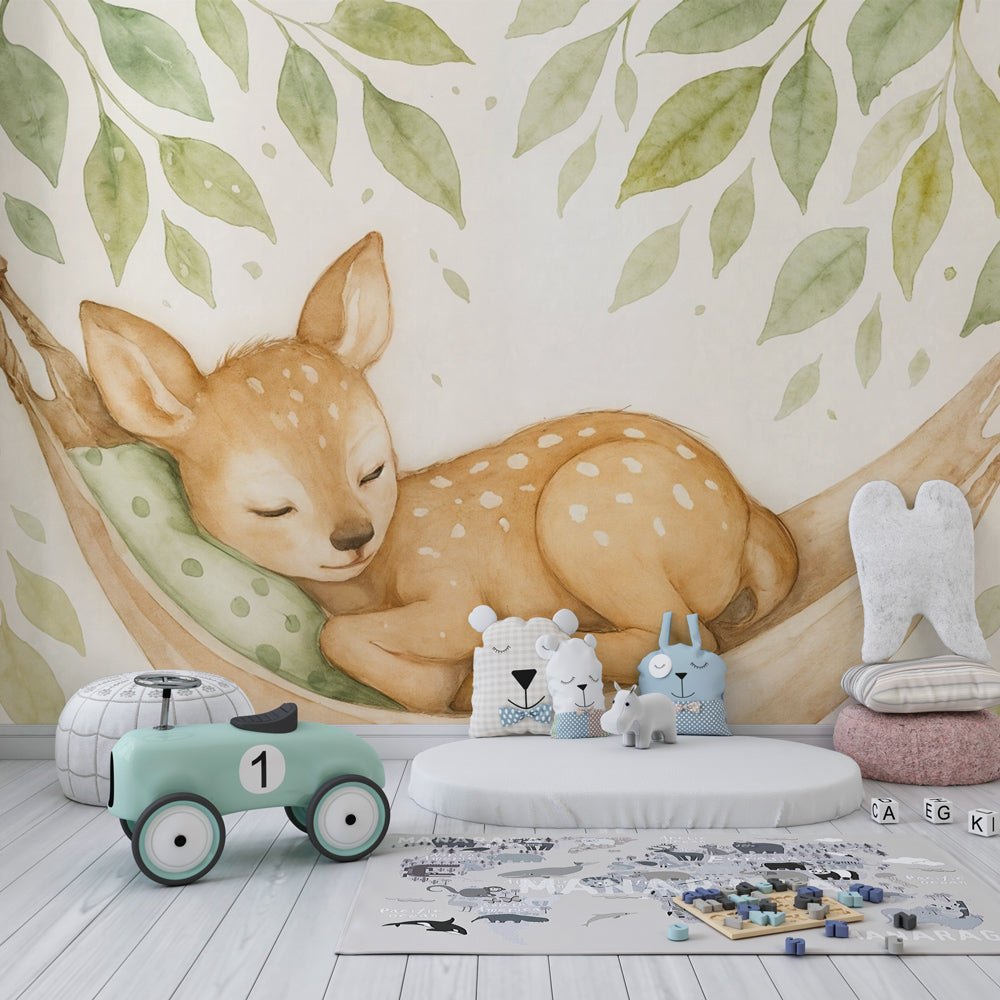 Baby deer watercolor mural wallpaper for calming kids room atmosphere by Kids-Mundo
