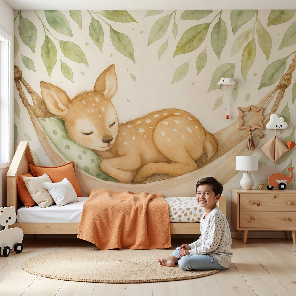 Fawn mural wallpaper with sleeping baby deer creating peaceful nursery decor by Kids-Mundo