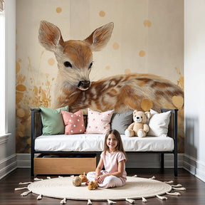 Fawn mural wallpaper with golden autumn leaves in peaceful nursery setting by Kids-Mundo
