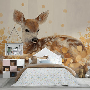 Autumn fawn mural wallpaper in charming kids reading corner with warm lighting