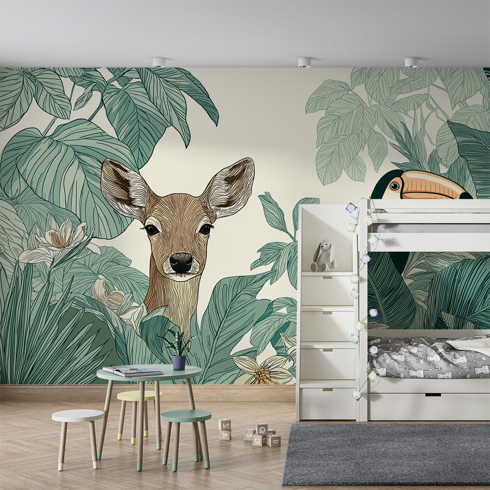 Kids-Mundo woodland fawn and toucan wall mural on a kids bedroom feature wall