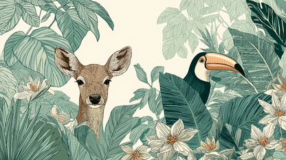 Kids-Mundo fawn and toucan mural artwork with layered leaves and white woodland flowers