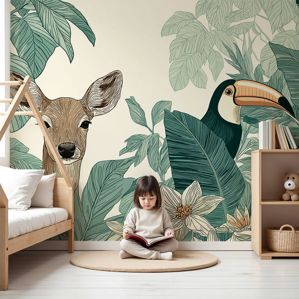 Kids-Mundo fawn and toucan wall mural styled above a cot in a soft cream nursery