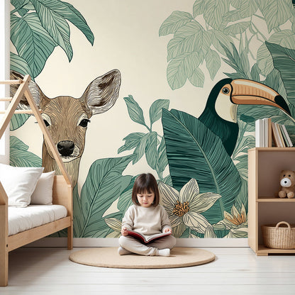 Kids-Mundo fawn and toucan wall mural styled above a cot in a soft cream nursery