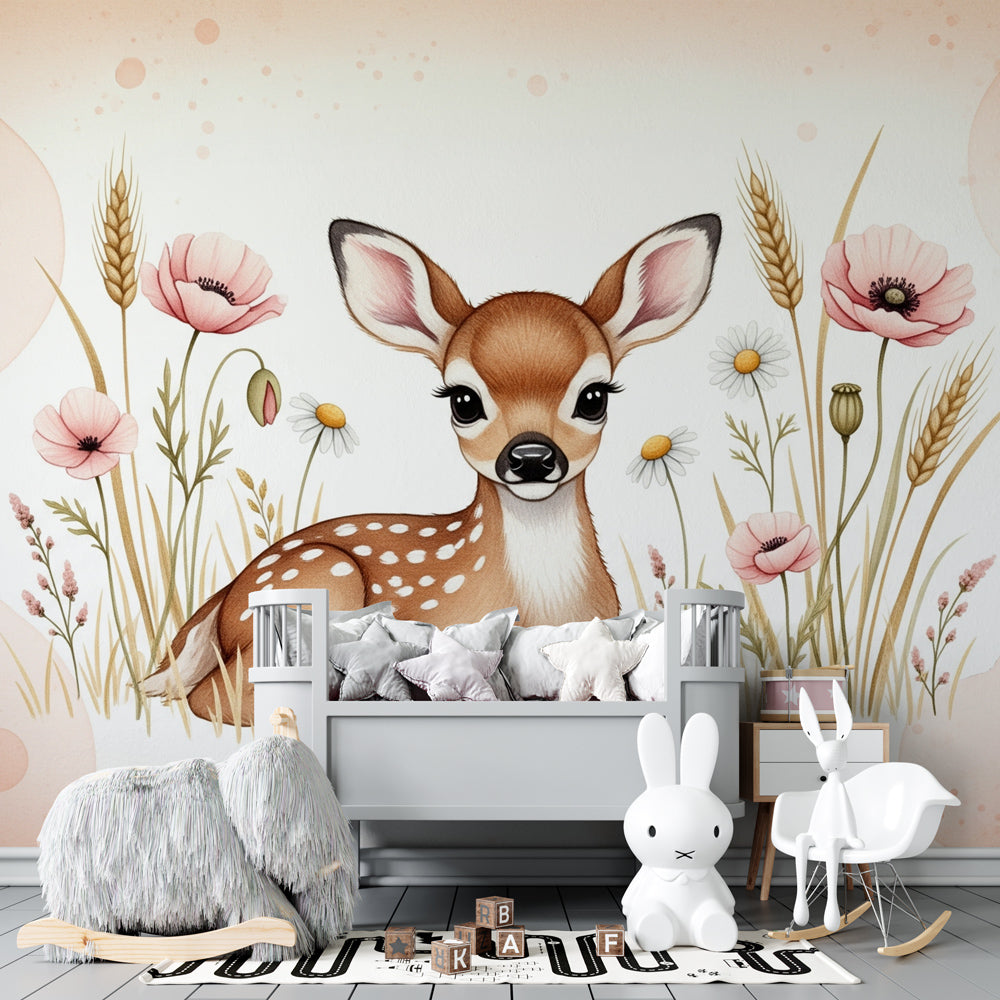 Kids-Mundo fawn meadow wall mural styled in a bright, cheerful children's playroom.