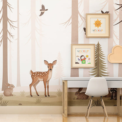 Kids-Mundo woodland friends forest wall mural bringing nature into a bright children's playroom.