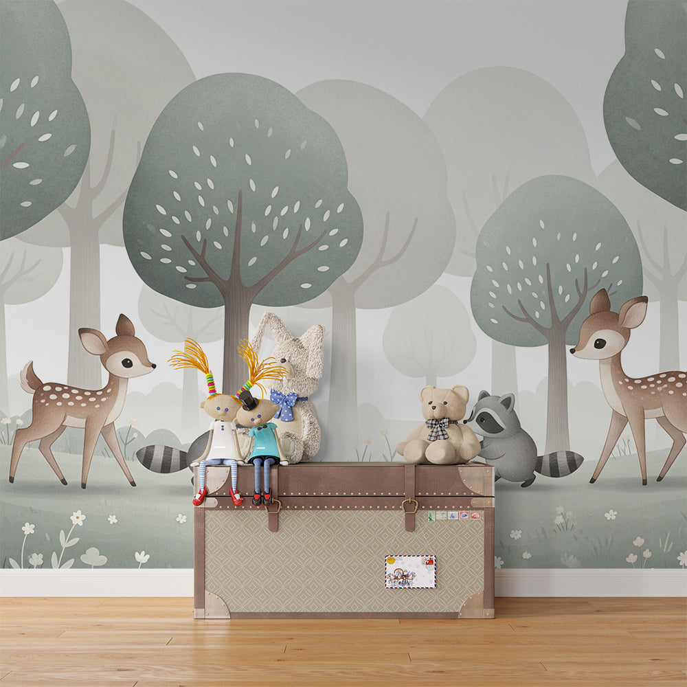 Kids-Mundo playful fawns and raccoons wall mural covering a kids bedroom wall behind a bed.